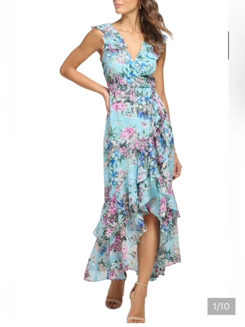 Kensie Aqua Floral Ruffle High-Low Dress